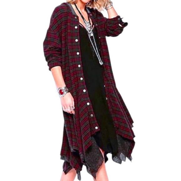 Free People Dresses & Skirts - Women's Free People Plaid Long Sleeve distressed hem Dress M Red Green